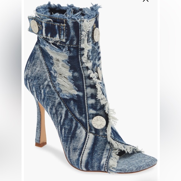 Azalea Wang Shoes - Frayed Denim Peep-Toe Heels
